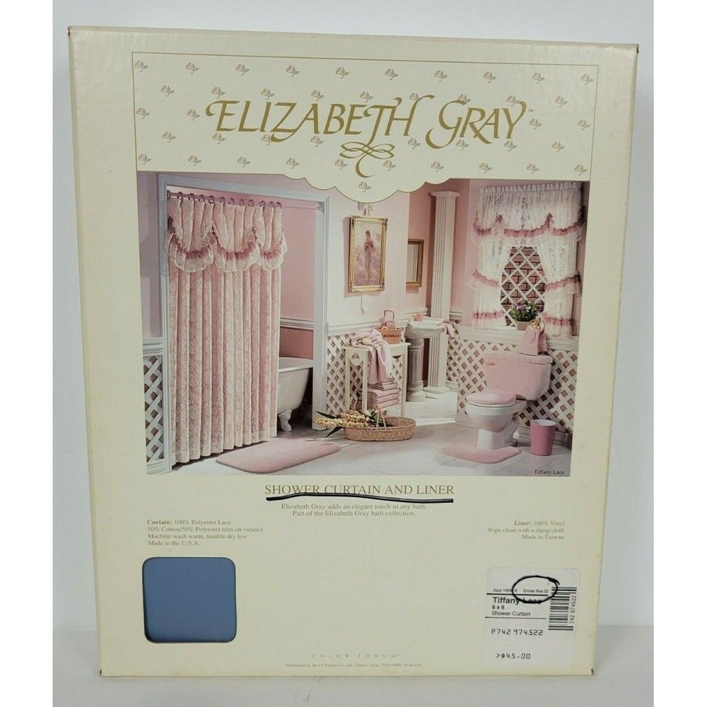NIP Elizabeth Gray Shower‎ Curtain & Liner Smoke Blue Tiffany Lace 6x6